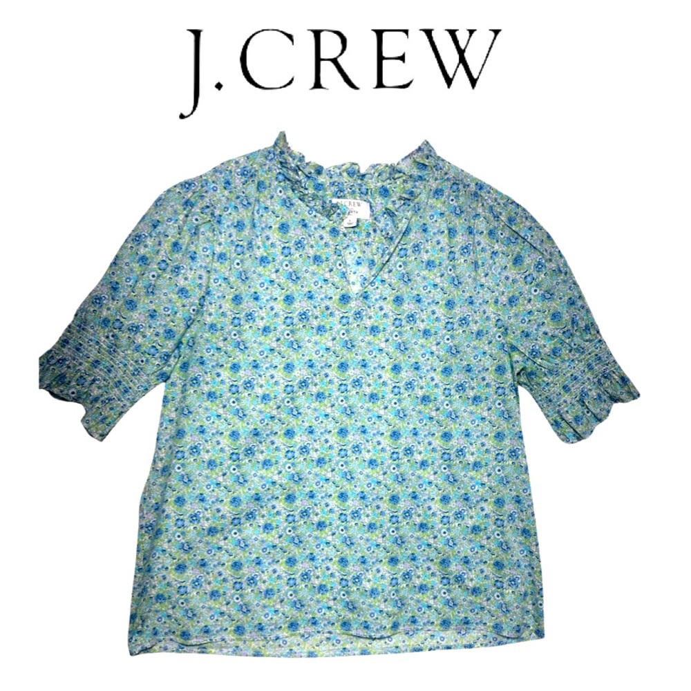 J. Crew 100% Cotton floral ruffled neck boho top sz L
